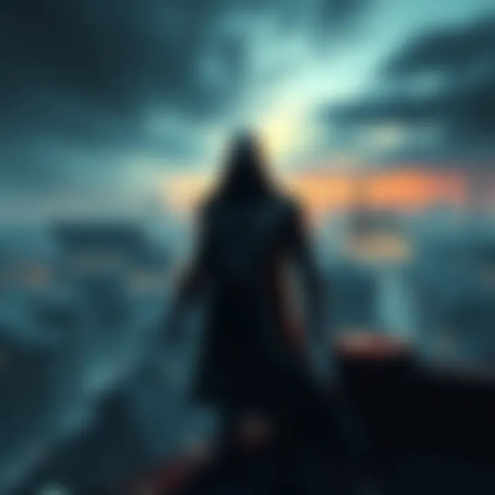 A shadowy figure with a mask stands on a rooftop overlooking the dark city of Dunwall, contemplating choices of good and evil.