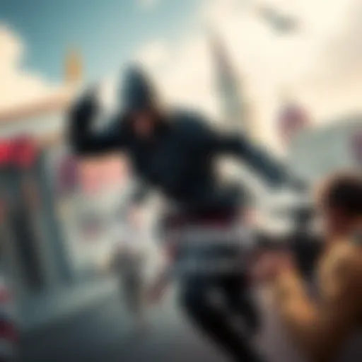 Assassin in Action A character from AC Shadows stealthily moving through a vibrant game setting, showcasing dynamic combat and character design.