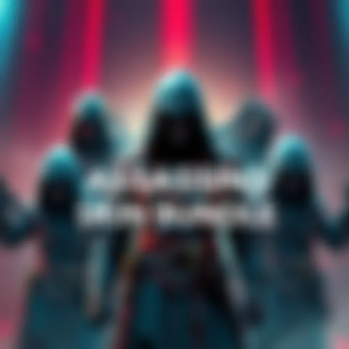A collection of stylish assassin skins for video game characters, showcasing various designs with vibrant colors and unique patterns.