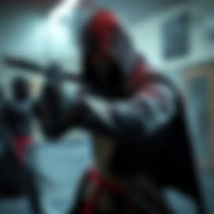 An assassin practicing combat techniques in a training area, blindfolded, showcasing focus and adaptability in battle without vision.