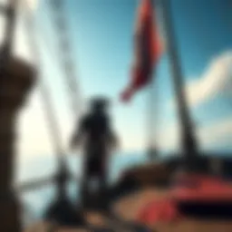 A dynamic scene featuring the protagonist from Assassin's Creed Black Flag Resynced, standing on a ship's deck with a pirate flag waving in the wind, showcasing enhanced graphics and action.