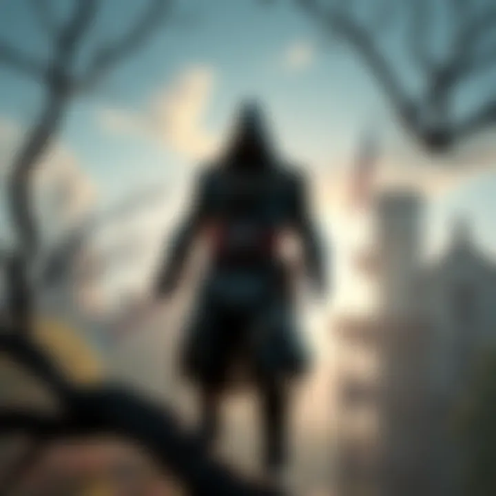 A character from Assassin's Creed III wearing a hood and cloak, standing on a tree branch, with a background of historic colonial America.