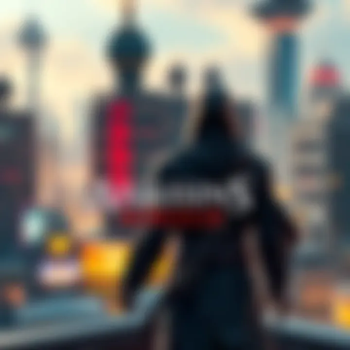 Character from Assassin's Creed Mirage standing in a vibrant cityscape, reflecting on the game's themes