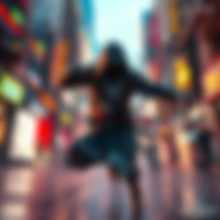 A character performing a stealth move in a vibrant city setting in Assassin's Creed: Mirage