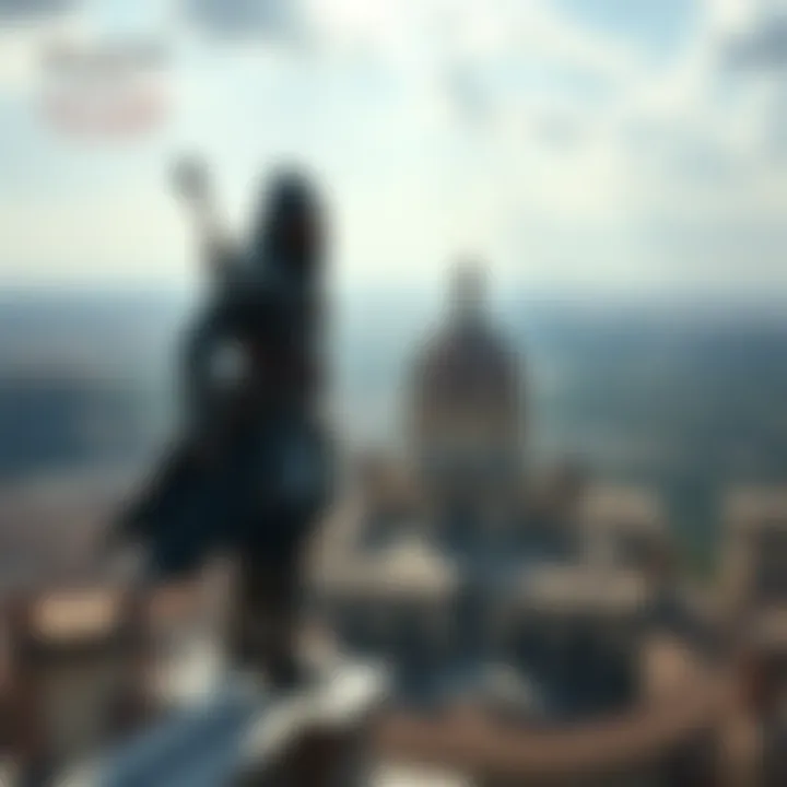 Assassin's Creed New Game Announcement A digital artwork showing a powerful Assassin's Creed character standing atop a historic building, with ancient cityscape in the background.