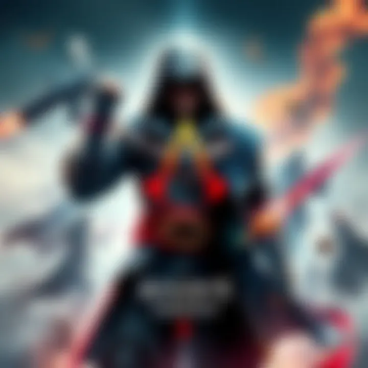 A colorful poster featuring elements from Assassin's Creed 1, showcasing a modern design with iconic characters and symbols from the game.