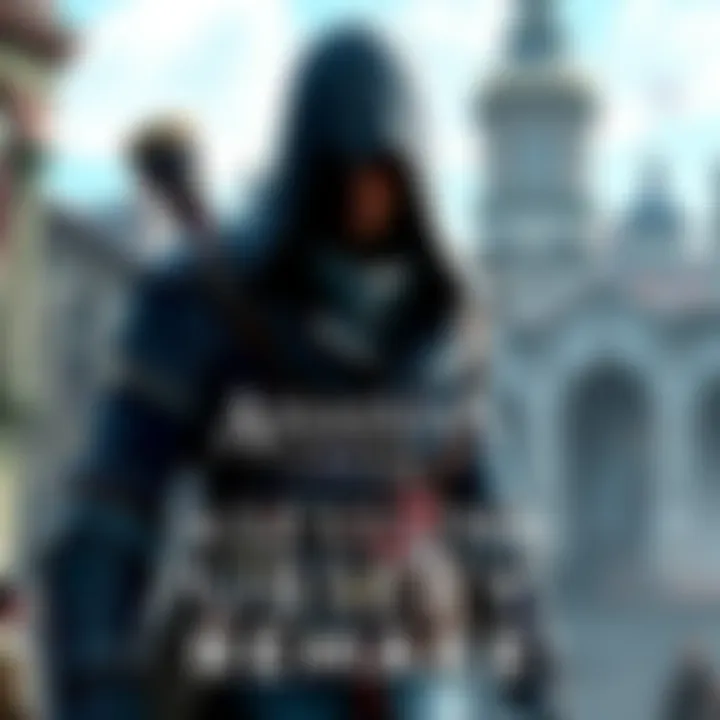 A digital artwork depicting a modernized version of the Assassin's Creed 1 character in a historical city backdrop, showcasing enhanced graphics and gameplay elements.