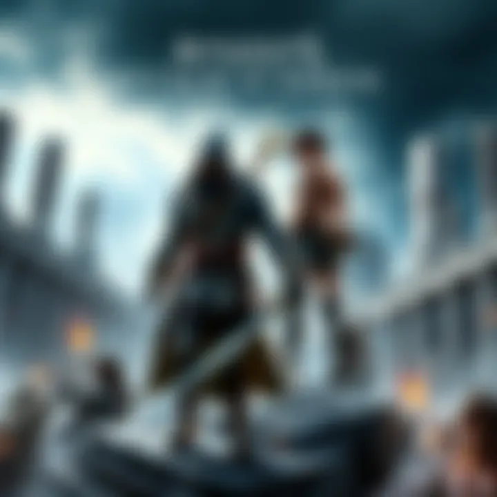 A conceptual artwork showing characters from Assassin's Creed and Attack on Titan against a backdrop of ancient ruins and Titans, highlighting elements of mythology and lore.