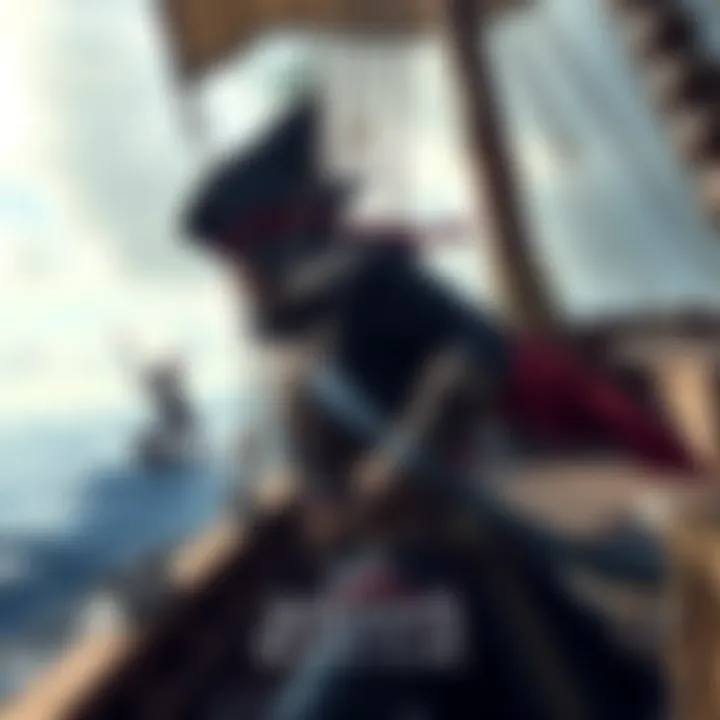 Character sailing on a ship with crew members in the background during naval combat