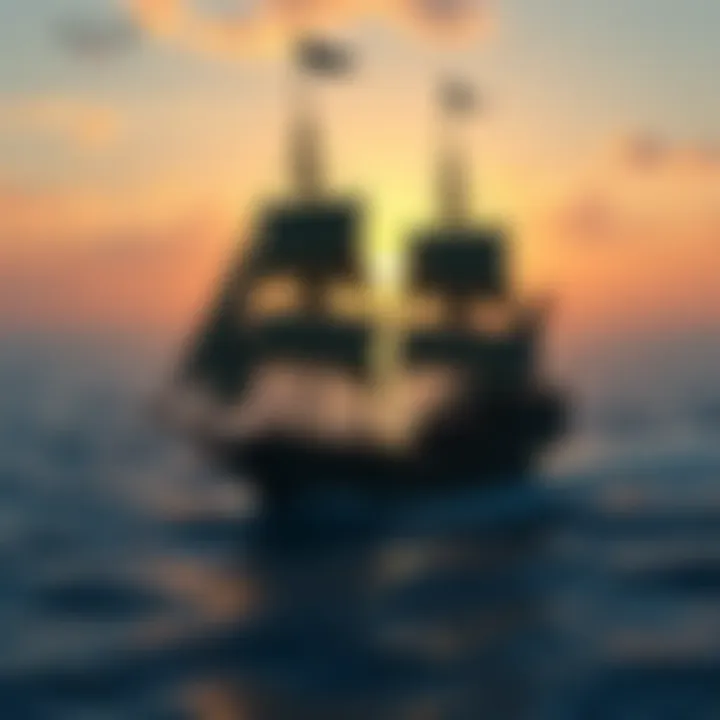 A pirate ship sailing on the ocean during a sunset, showcasing gameplay from Assassin's Creed Black Flag.