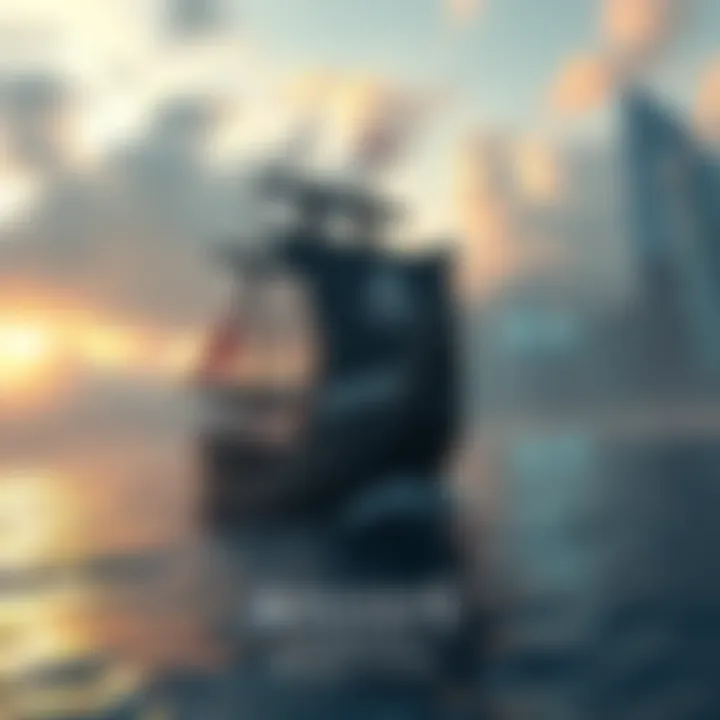 A pirate ship sailing on the ocean with a backdrop of a modern city, symbolizing the conflict between pirate adventure and modern-day story in the remake.