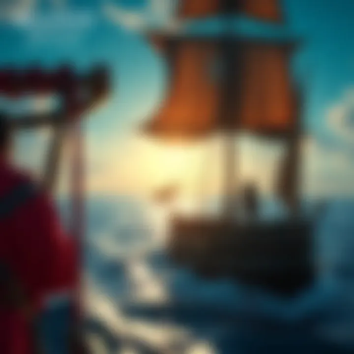 A vibrant scene depicting a pirate ship sailing on the ocean, featuring characters from Assassin's Creed Black Flag Resynced preparing for adventure.