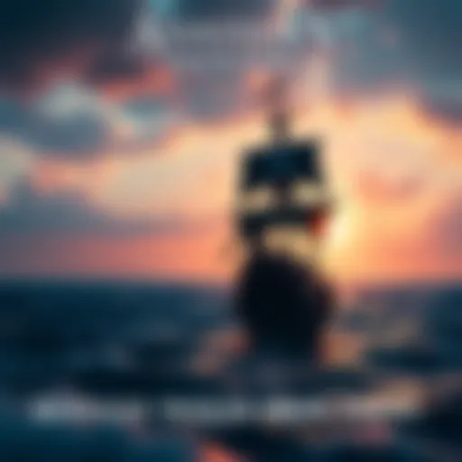 A pirate ship sailing through the ocean during sunrise, with crew members preparing for adventure