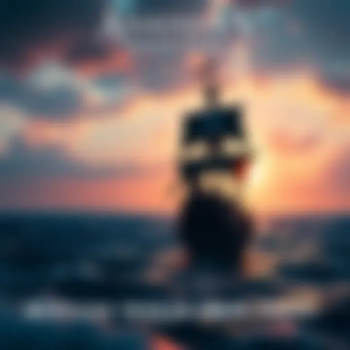 A pirate ship sailing through the ocean during sunrise, with crew members preparing for adventure