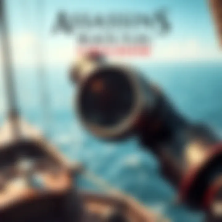 A detailed view of a spyglass from Assassin's Creed Black Flag with ocean and ship background