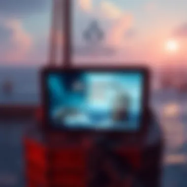 Assassin's Creed Black Flag on Steam Deck A Steam Deck showing Assassin's Creed Black Flag gameplay on its screen with a backdrop of ocean waves and pirate ships