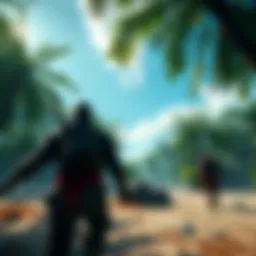 A view of a character stealthily following another character in a lush tropical environment, showcasing the redesigned tailing mission in the game.