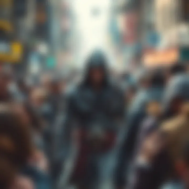 A character from Assassin's Creed blending into a busy street crowd, showcasing stealth and the concept of protecting the innocent.