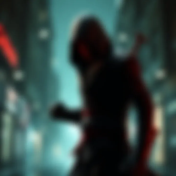 Frightening Assassin's Creed Character A shadowy figure of an Assassin from Assassin's Creed is depicted, poised with a weapon and looking menacing in a dark urban environment, representing fear and danger.