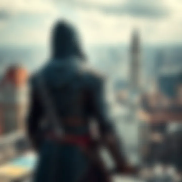 An assassin character in a hooded cloak standing on a rooftop overlooking a cityscape, ready for action.