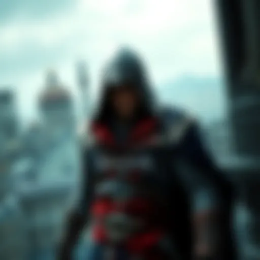 A character in a hooded outfit from Assassin's Creed 3, standing with a backdrop of a historic city, looking determined.