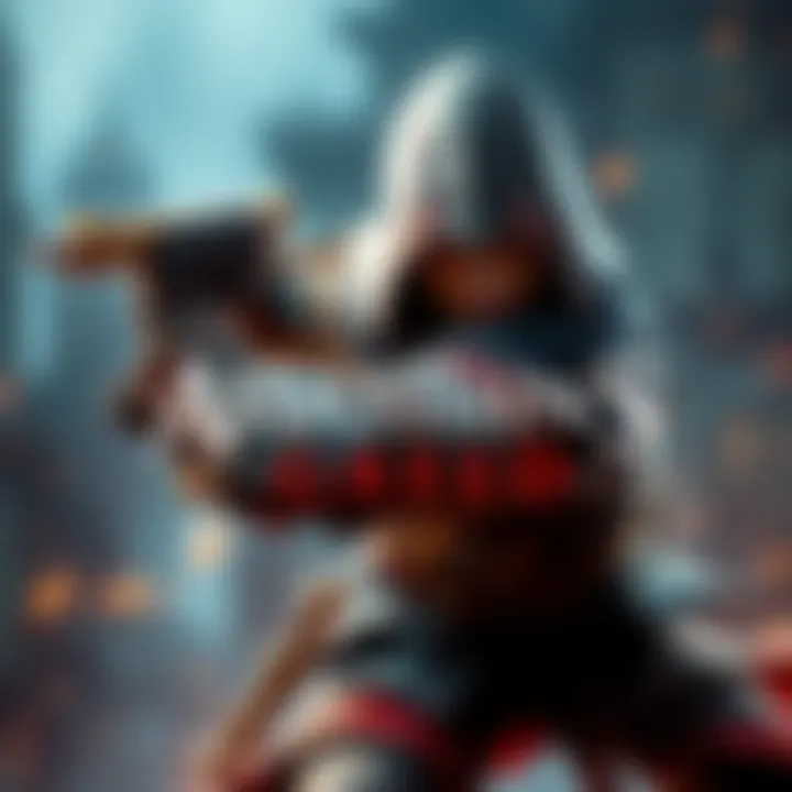 Assassin's Creed character in action An Assassin's Creed character equipped with a hood and weapons, engaged in a dynamic pose, showcasing the game's thrilling gameplay and graphics.