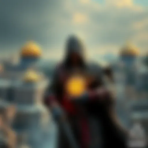 A Zealot character in ancient robes, holding a sacred artifact, with a backdrop of ancient Jerusalem.