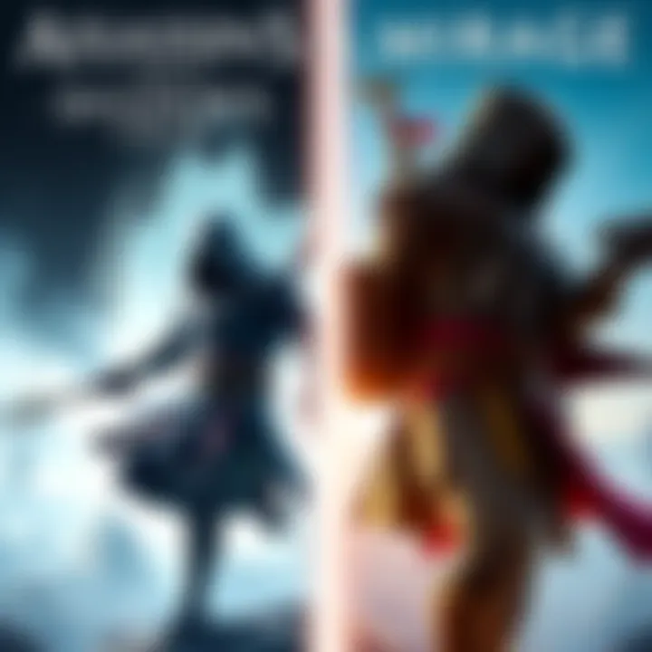 A split image showing characters from Shadows on one side and Mirage on the other, highlighting their unique combat styles and parkour abilities in an open-world setting.