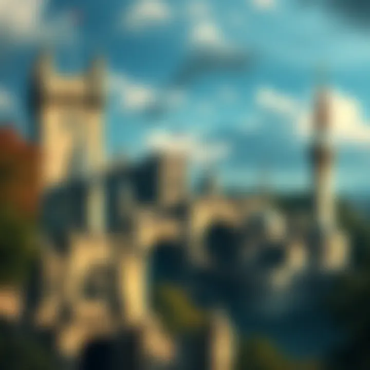 Assassin's Creed England Setting A scene depicting various historical locations in England featured in Assassin's Creed games, showcasing castles and iconic landmarks.