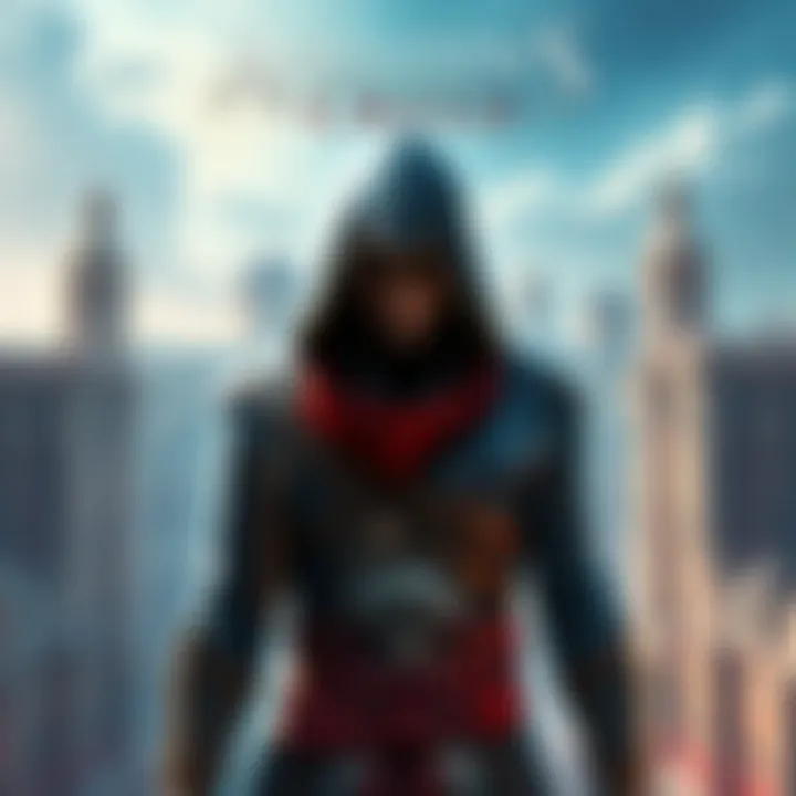 A colorful fan art piece inspired by Assassin's Creed featuring a character in a hooded outfit with a backdrop of ancient architecture.