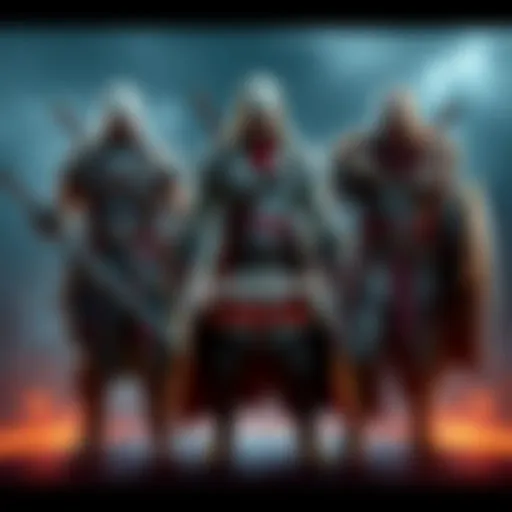Assassin's Creed Game Comparison Three characters from Assassin's Creed Valhalla, Odyssey, and Origins standing side by side with their iconic weapons in a battle-ready pose.