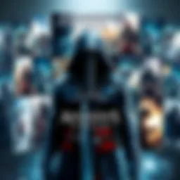 A collection of Assassin's Creed game covers displayed with a sword and hooded figure in the foreground