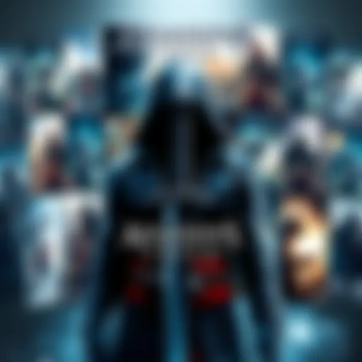 A collection of Assassin's Creed game covers displayed with a sword and hooded figure in the foreground