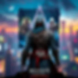 Character from Assassin's Creed standing in a vibrant cityscape, showcasing different game covers in the background
