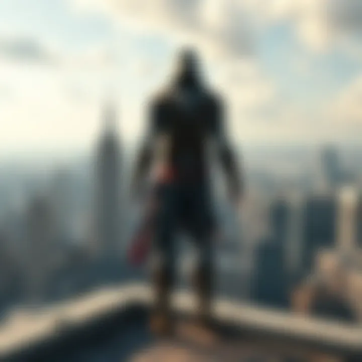 An Assassin's Creed character stands on a high rooftop overlooking a cityscape, expressing a feeling of height sickness.
