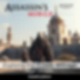 A character from Assassin's Creed Mirage stands in an ancient city setting, ready for action, with a backdrop of historical architecture.