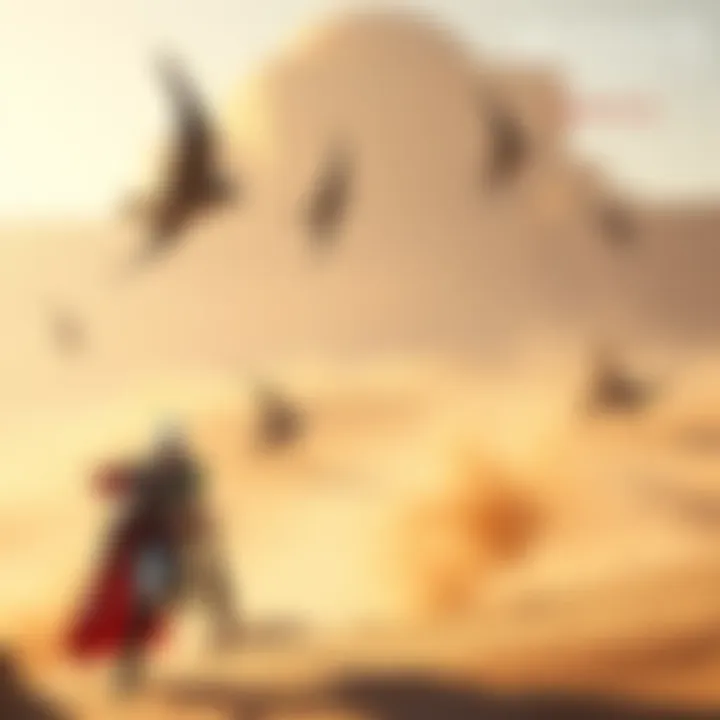 A character from Assassin's Creed: Mirage stands in a tense combat stance, showcasing the game's stiff mechanics in a desert setting.