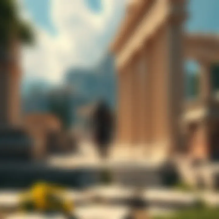 Character exploring ancient Greece A player character walks through ancient Greek ruins surrounded by lush landscapes and historical architecture in Assassin's Creed Odyssey.