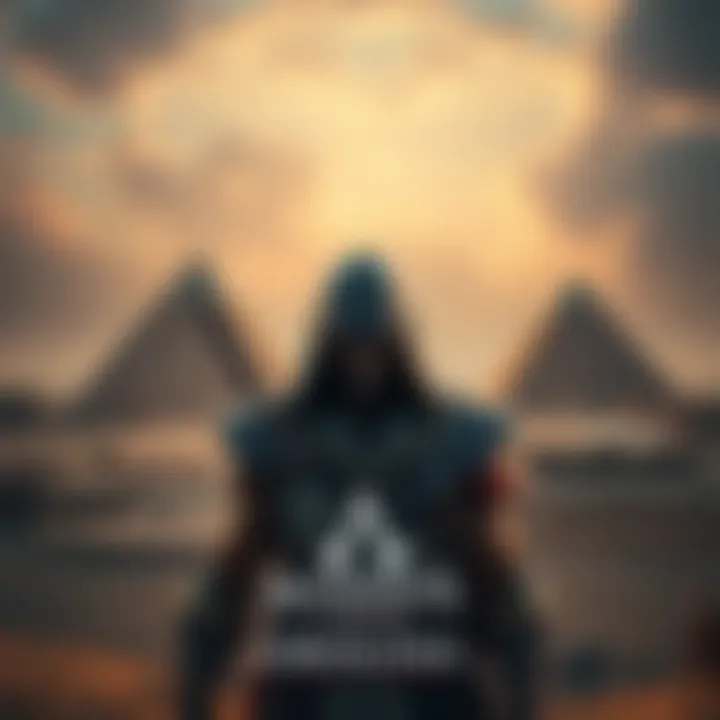 Cover art of Assassin's Creed Origins showing the main character in ancient Egypt with pyramids in the background