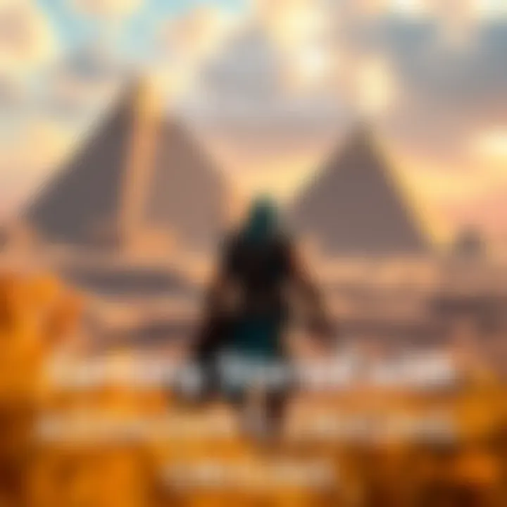 A character in Assassin's Creed Origins exploring ancient Egypt, with pyramids in the background.