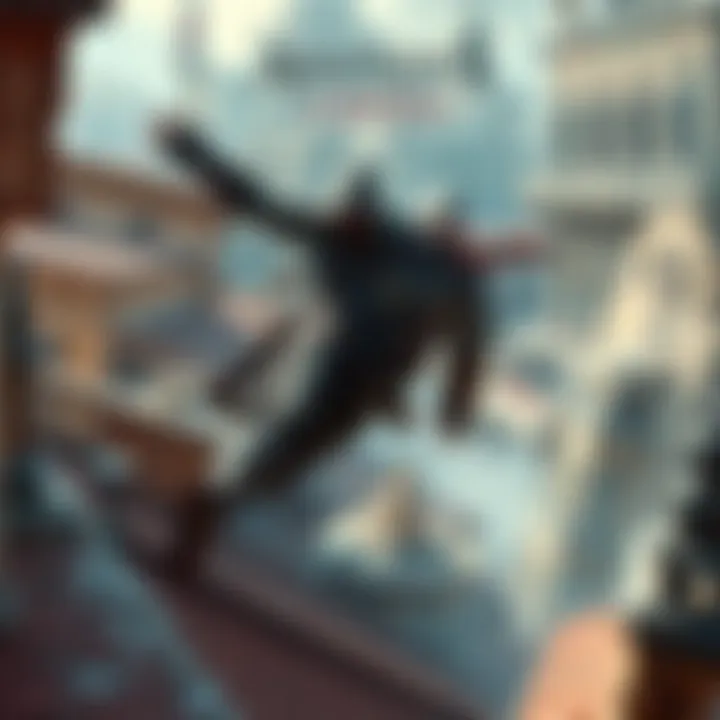 Assassin's Creed parkour action scene A character executing a parkour jump across rooftops in a historical city setting, showcasing agility and skill.