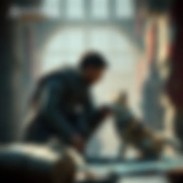 A character from Assassin's Creed interacting with a dog in a historical setting, showcasing the idea of animal companions in the game.