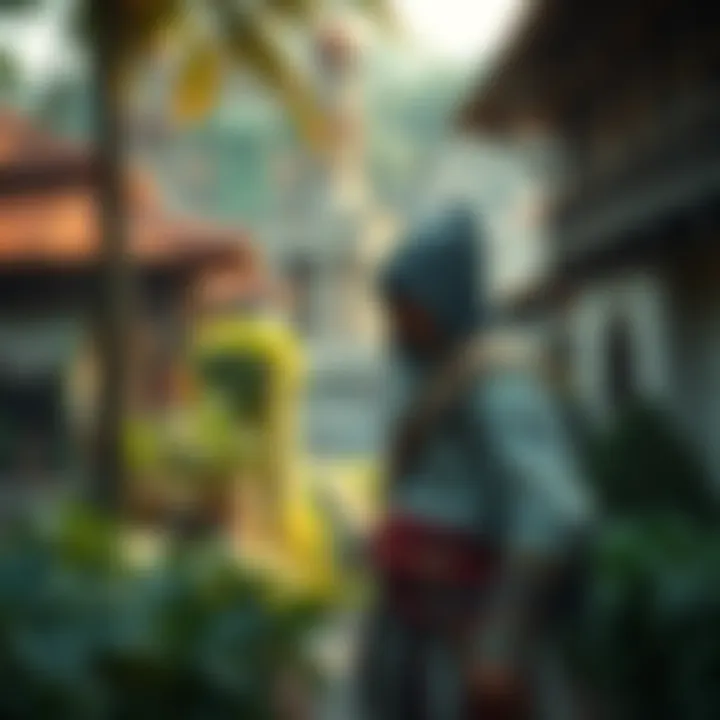 A scene depicting a character in traditional Filipino clothing during the late 1800s, with lush foliage and historical buildings in the background, capturing the essence of an Assassin's Creed game se...