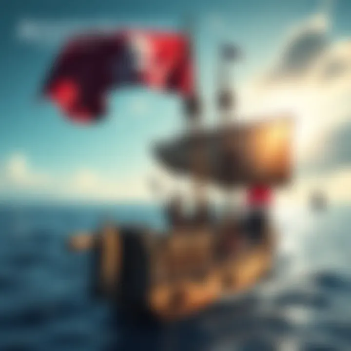 A pirate ship sailing on a vast ocean with a pirate flag waving in the wind, featuring characters in action poses on deck.