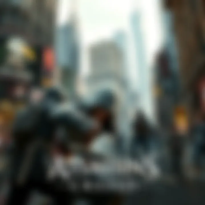 A player experiences intense battles in the Assassin's Creed series, with an urban backdrop reminiscent of New York City, showcasing a vibrant gaming scene.