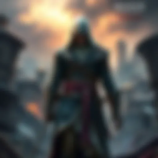 A character from Assassin's Creed: Rogue dressed in 18th-century clothing, standing against a backdrop of a war-torn city during the Seven Years War.