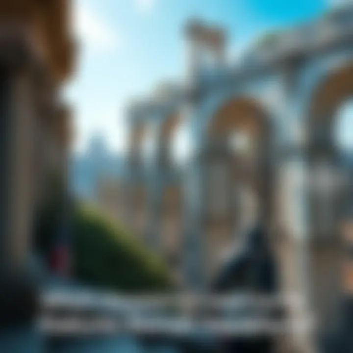 A scene from an Assassin's Creed game showing a character exploring a Roman aqueduct with ancient architecture in the background.