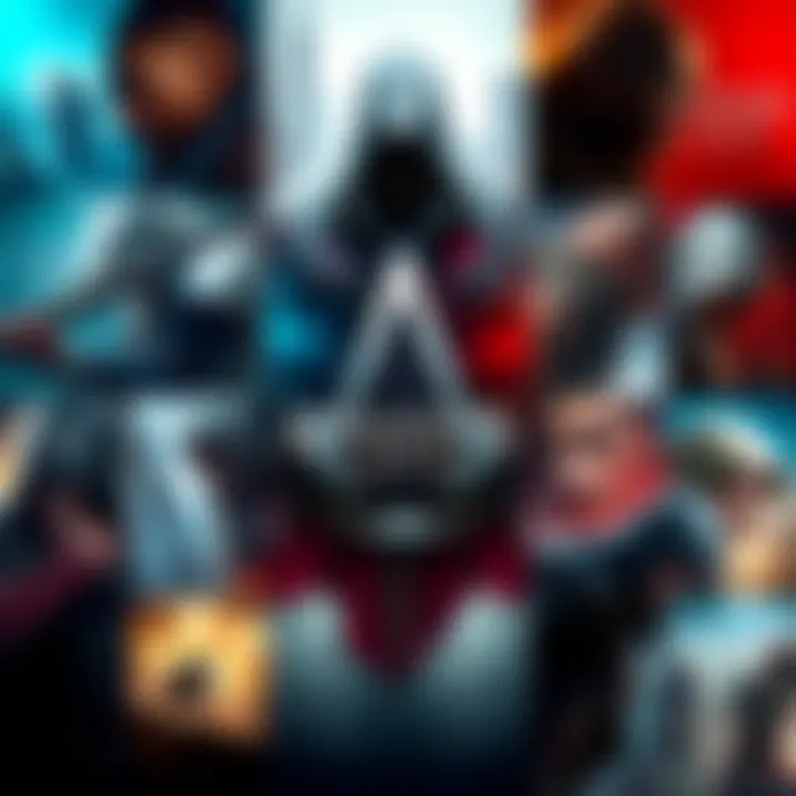 A collage of various Assassin's Creed game covers showcasing characters and settings from the series, highlighting the franchise's evolution over the years.
