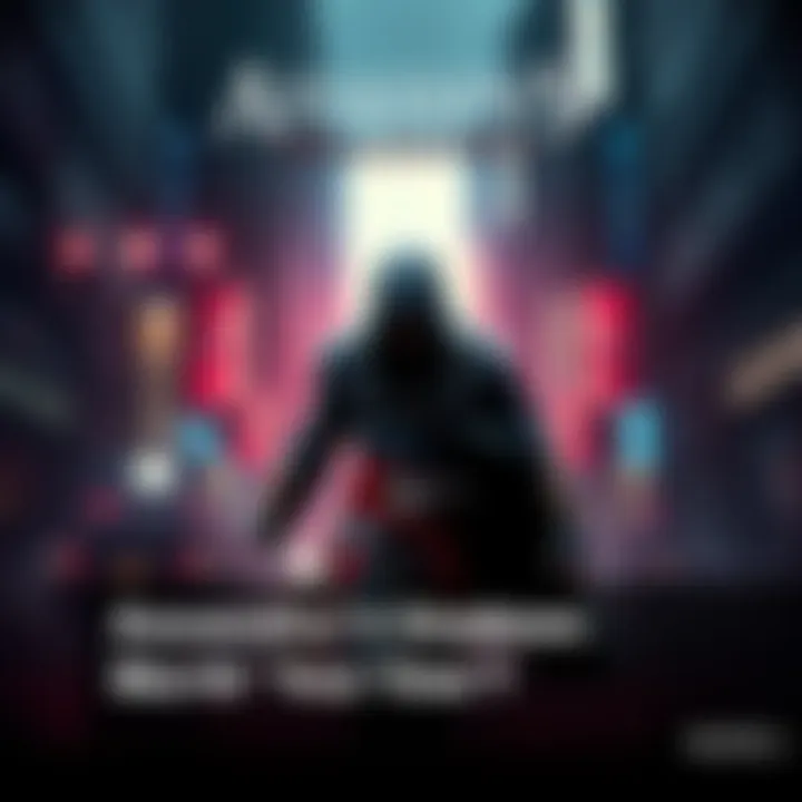 A character from Assassins Creed Shadows in a dark urban setting, showcasing stealthy movement and action.