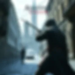 A character from Assassin's Creed performing a stealth move, blending into the shadows while observing a target in a historical city setting.